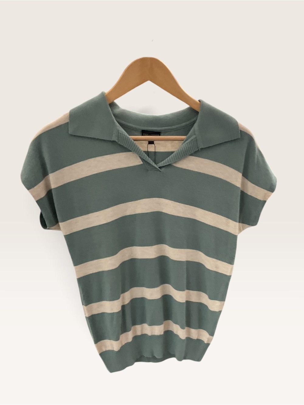 Coco + Carmen Collared Short-Sleeve Stripe Sweater — Sage and Cream